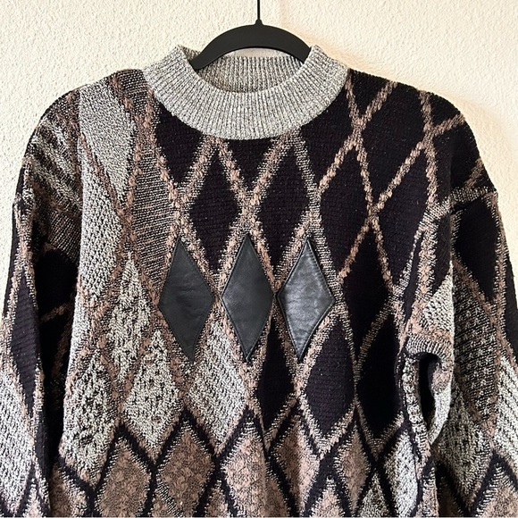 Pacific Club VTG Wool Blend Leather Trim Knit Dad Grandpa Sweater Women Sz Large - Picture 3 of 10